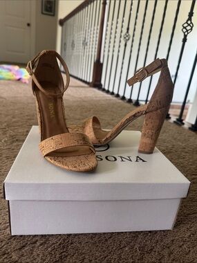 Versona Cork-Look Ankle Strap Block Heels - Brown